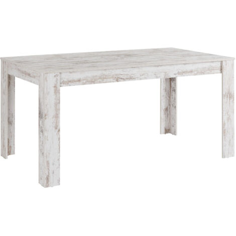 Table à manger effet bois blanc antique 8 personnes L160 – Plateau fixe – Pieds larges pour stabilité – Bois certifié FSC® (1/5)