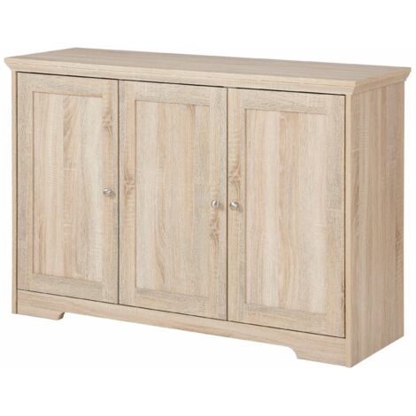 Buffet 3 portes effet chêne – Style maison de campagne – Rangement spacieux – Bois certifié FSC – Poignées et charnières en métal (1/5)