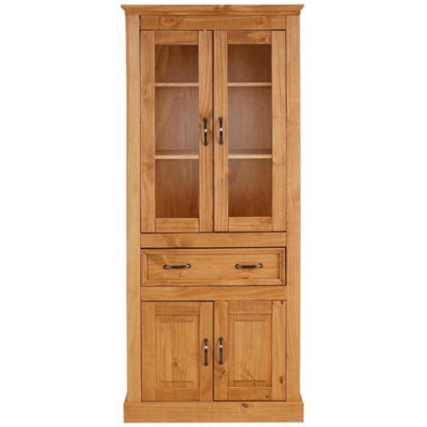 Vitrine en pin naturel avec 2 portes en verre – Étagères réglables – Poignées en métal vieilli – Style moderne pour salon (1/5)