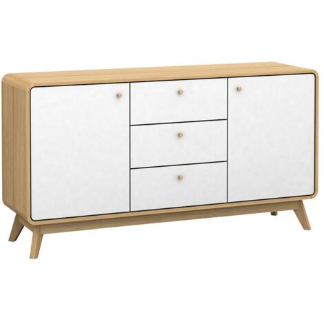 Buffet chêne blanc 140x39x75,2 cm – 3 tiroirs – 2 portes en MDF durable – Style moderne pour salon ou chambre (1/4)