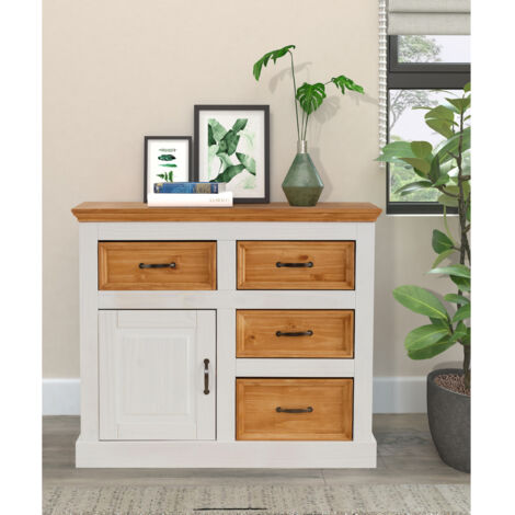 SelmaBuffet avec 1 porte / 4 tiroirs en pin ciré blanc (1/5)