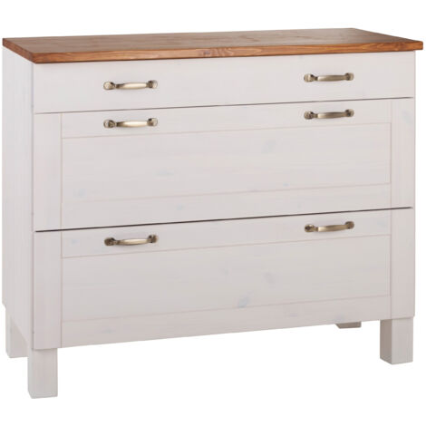 Armoire à 3 tiroirs en blanc et honig – Meuble de cuisine en pin massif FSC® – Style campagnard moderne – Rangements pratiques