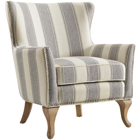 Fauteuil relax à rayures en tissu gris – Confort rembourré – Style campagnard chic pour salon, chambre ou bureau (1/5)