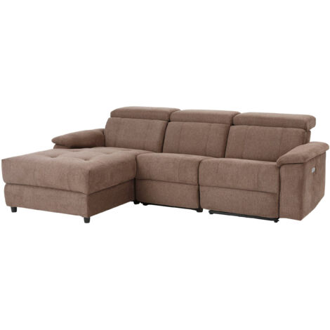 Tanaro-Chaise Longue Canapé 3 Places Gauche avec Fonction Electrique en Tissu Marron