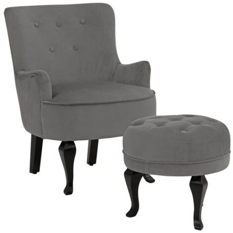 Fauteuil + tabouret en velours gris (1/5)