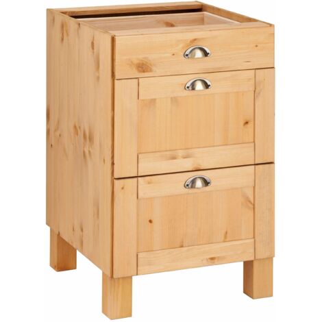Meuble bas de cuisine en bois massif FSC® – 2 tiroirs – Poignées métalliques en forme de coquillage – Ambiance campagnarde