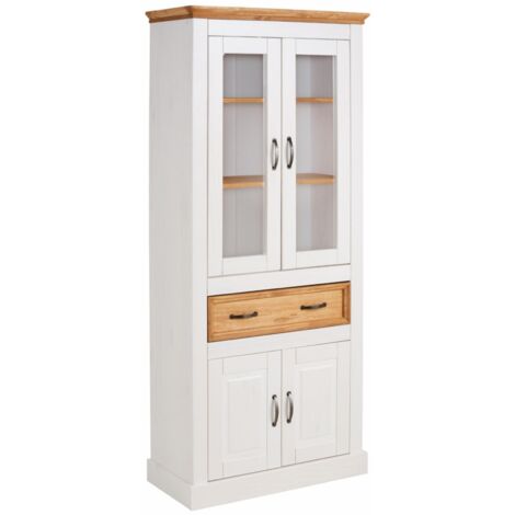 SelmaVitrine avec 4 portes et 2 tioirs en pin teinté blanc