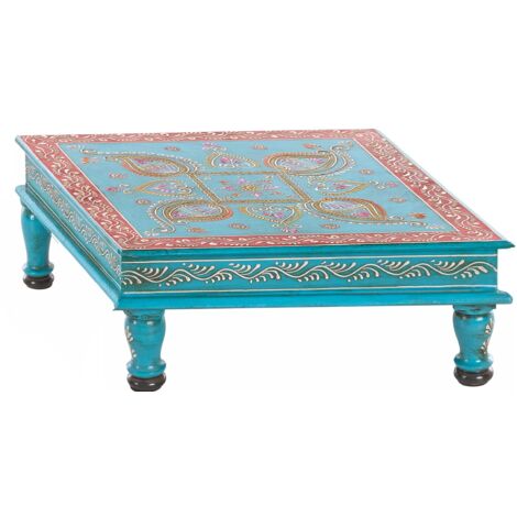Table d'appoint en bois de manguier turquoise – Table basse fixe – Dimensions 60x60cm – Style contemporain – Idéale pour salons modernes (1/3)