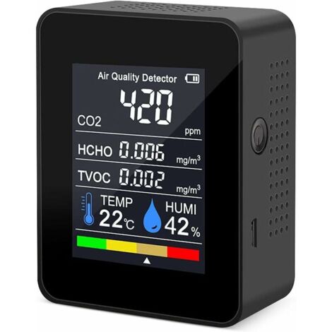 Tigrezy Portable Air Quality Detector CO2 Gauge Digital Temperature Meter Humidity Tester CO2 TVOC Formaldehyde HCHO Detector (1-Black)