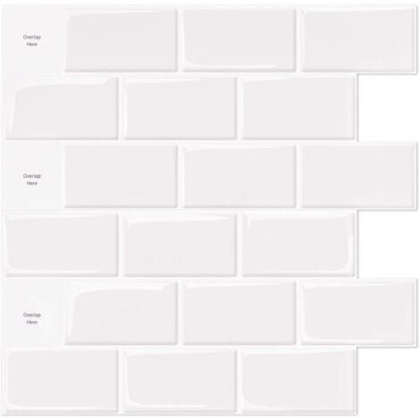 Pack of 10, White Subway Self-Adhesive Tiles, Adhesive Kitchen Bathroom Splashback, 3D Brick Vinyl Adhesive Paper, 30x30cm