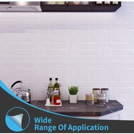 Pack of 10, White Subway Self-Adhesive Tiles, Adhesive Kitchen Bathroom Splashback, 3D Brick Vinyl Adhesive Paper, 30x30cm