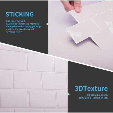Pack of 10, White Subway Self-Adhesive Tiles, Adhesive Kitchen Bathroom Splashback, 3D Brick Vinyl Adhesive Paper, 30x30cm