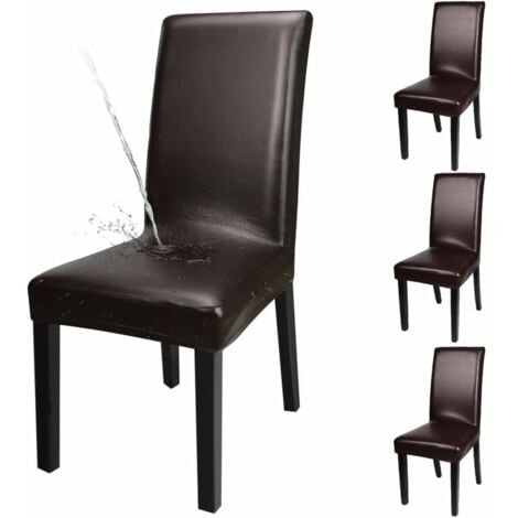 Set of 4 Waterproof Solid Faux Leather Chair Covers for Dining Room, Faux Leather (Polyurethane), Brown, 4-Piece