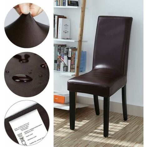 Set of 4 Waterproof Solid Faux Leather Chair Covers for Dining Room, Faux Leather (Polyurethane), Brown, 4-Piece