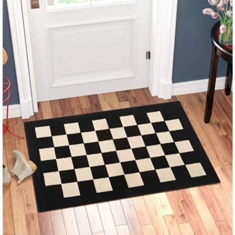 Indoor Doormat Front Door Mat, 50cm x 80cm Silky Checkered Non-Slip Entrance Rug, Black