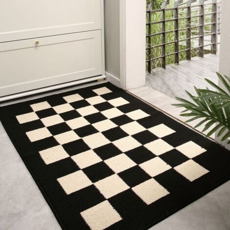 Indoor Doormat Front Door Mat, 50cm x 80cm Silky Checkered Non-Slip Entrance Rug, Black