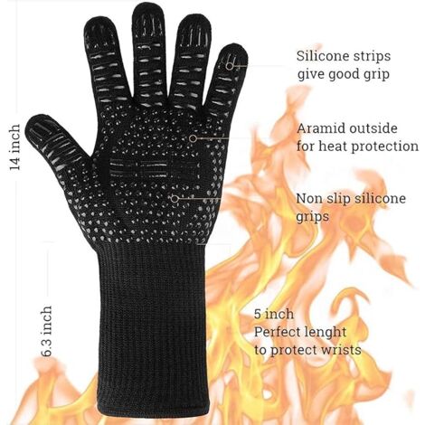 BBQ Gloves, 1472°F Extreme Heat Resistant Oven Gloves, Non-Slip Silicone Hot Kitchen Gloves for BBQ, Cooking, Baking (Black, 1 Pair)