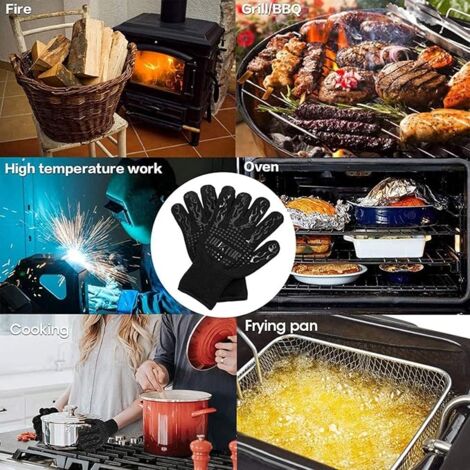 BBQ Gloves, 1472°F Extreme Heat Resistant Oven Gloves, Non-Slip Silicone Hot Kitchen Gloves for BBQ, Cooking, Baking (Black, 1 Pair)