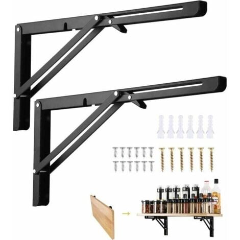 Tigrezy Folding Bracket 400mm, 2 Pieces Black Folding Console Bracket, Folding Shelf Brackets Load, Heavy Duty Retractable Folding Console Bracket, Shelf Bracket, for Garage, Kitchen, Bedroom