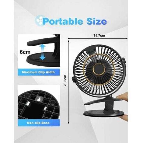Rechargeable Desk Fan, Mini USB Fan with LCD Display, 5 Speeds, 720° Rotation, Quiet Portable Fan, Table Fan for Office/Home/Camping - Black