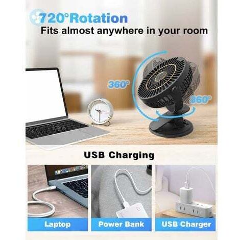 Rechargeable Desk Fan, Mini USB Fan with LCD Display, 5 Speeds, 720° Rotation, Quiet Portable Fan, Table Fan for Office/Home/Camping - Black