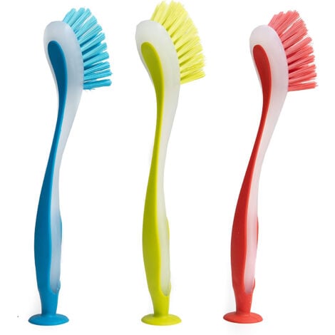 Plastic Long Handled Scrubbing Suction Cup, Durable Bristles,Dish Washing Brush.Washing Up Kitchen Brush, Assorted Colour, 3.5 X 23.5 X 3 cm-Pack of 3