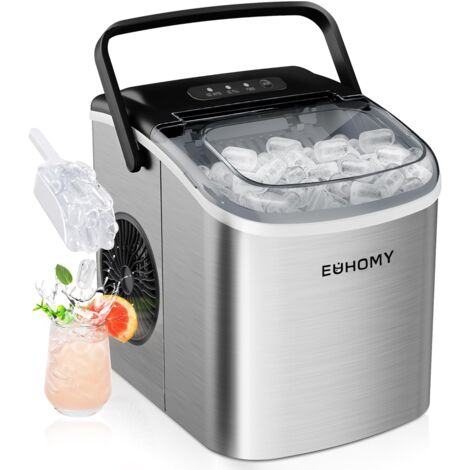 EUHOMY Eiswürfelmaschine Klein, 9 Eiswürfel in 6 Minuten, 12 kg/24H, Eiswürfelmaschine Edelstahl mit Tragbarem Griff, Selbstreinigender Kompakter Eiswürfelmaschinen für Zuhause/Küche/Büro/Bar