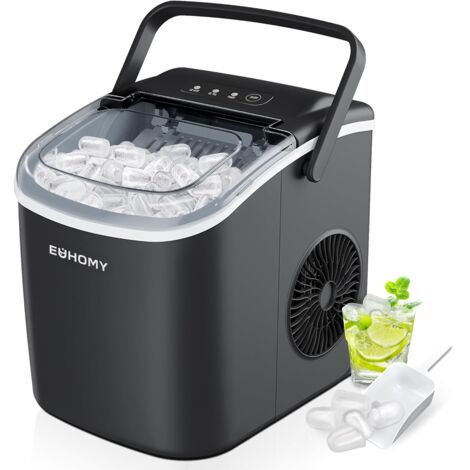 EUHOMY Eiswürfelmaschine Klein, 12KG Eiswürfelbereiter Ice Maker, 9 Würfel in 6 Minuten fertig, Schwarz Eiswürfelmaschine mit Tragbarem Griff, 12KG/24H, Selbstreinigendes Eiswürfelmaschinen