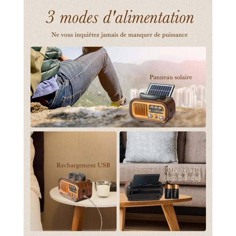 Radio Portatile Vintage AM/FM/SW - Bluetooth 5.0, Ricaricabile USB/Batterie D, Supporto USB/TF/TWS