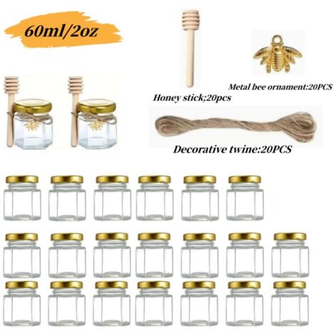 Hapneyea 60 pack barattoli di miele di vetro, 1.5 oz vasi di miele esagonali, Con Dippers, ciondoli di api, sacchetti regalo, carta, jute e adesivi - ideali per bomboniere battesimo, matrimoni e feste