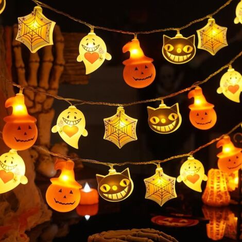 Cadena de luces decorativas de Halloween de 3 m, 20 LED, 4 tipos de luces de Halloween, calabaza, fantasma, araña, gato, 2 pilas AA para fiesta de Halloween, dormitorio (1/5)