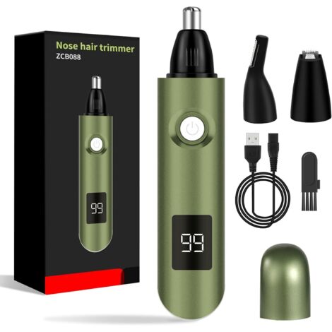 Recortador de vello nasal 3 en 1 con pantalla LED - Recortador de vello nasal y de orejas - Recargable con cuchillas de corte dobles - Recortador de cejas y rostro para hombres y mujeres - Verde (1/5)