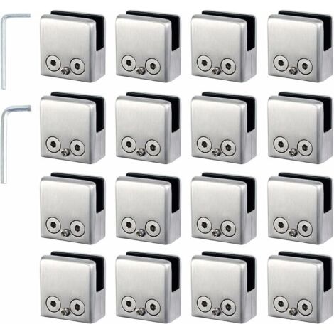 16pcs Glass Clamps 8-10mm Glass Holder in Stainless Steel Clamps Stop 8-10mm Square Shape Glass with 2 Hex Keys for Stair Railing