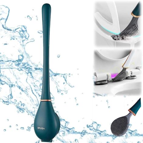 Flexible toilet brush, silicone, with flat, flexible head, modern, for wall mounting, no drilling required, with quick-drying holder (blue)