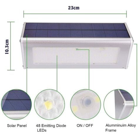 Solar Lights Outdoor with Motion Sensor, 48 LEDs, 1100lm, 4500mAh, IP65 Waterproof Aluminum Housing, for Security Wall Lighting, Yard, Driveway, Garage, White Light