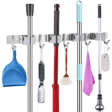 Stainless Steel Broom Holder Control Bar Wall Mounted Appliance Hanger with 4 Slots and 5 Hooks for Home Kitchen Bathroom Garage Garden - RWOutillage  Equipment, Workshop Equipment  Workshop Storage  