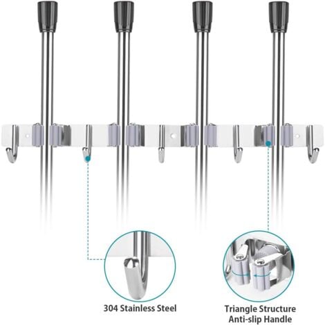 Stainless Steel Broom Holder Control Bar Wall Mounted Appliance Hanger with 4 Slots and 5 Hooks for Home Kitchen Bathroom Garage Garden - RWOutillage  Equipment, Workshop Equipment  Workshop Storage  