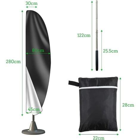 Black parasol cover, cantilever parasol cover, parasol cover with telescopic pole, 280x30/80/45 cm