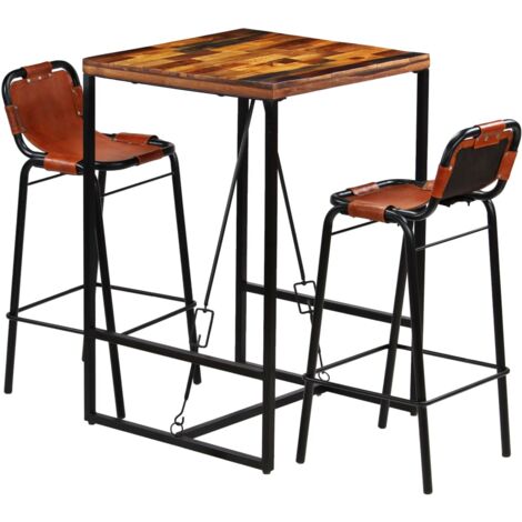 Bar Set 3 Pieces Solid Reclaimed Wood and Genuine Goat Leather VSVS521229