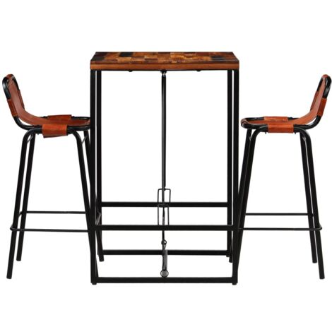 Bar Set 3 Pieces Solid Reclaimed Wood and Genuine Goat Leather VSVS521229