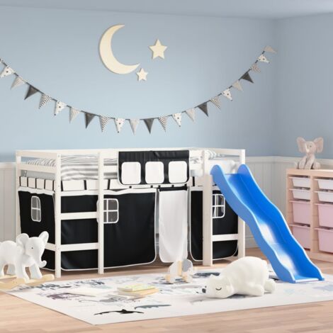 Single Bed，Children's bed，Kids' Loft Bed with Curtains without Mattress White&Black 80x200cm VSVS587509