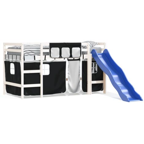 Single Bed，Children's bed，Kids' Loft Bed with Curtains without Mattress White&Black 80x200cm VSVS587509
