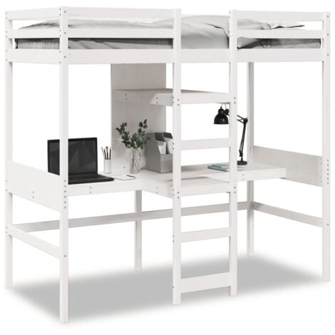 Single Bed，Adult bed，Loft Bed Frame with Desk and Shelves White 90x200cm Solid Wood Pine VSVS656270
