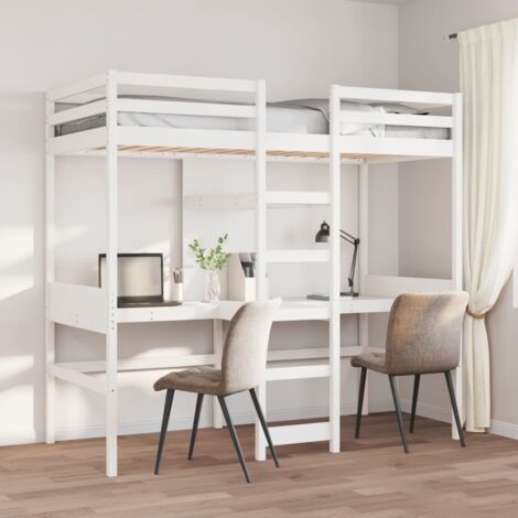 Single Bed，Adult bed，Loft Bed Frame with Desk and Shelves White 90x200cm Solid Wood Pine VSVS656270