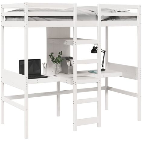 Single Bed，Adult bed，Loft Bed Frame with Desk and Shelves White 90x200cm Solid Wood Pine VSVS656270