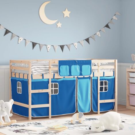 Single Bed，Children's bed，Kids' Loft Bed with Curtains without Mattress Blue 90x190cm VSVS959674