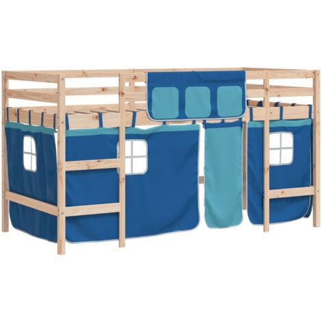 Single Bed，Children's bed，Kids' Loft Bed with Curtains without Mattress Blue 90x190cm VSVS959674
