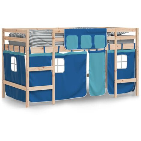 Single Bed，Children's bed，Kids' Loft Bed with Curtains without Mattress Blue 90x190cm VSVS959674