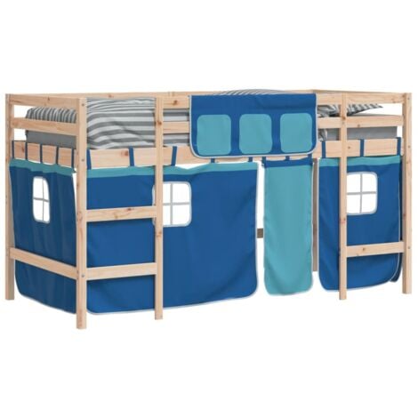 Single Bed，Children's bed，Kids' Loft Bed with Curtains without Mattress Blue 90x190cm VSVS959674