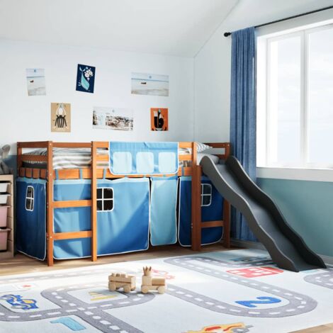Single Bed，Children's bed，Kids' Loft Bed with Curtains Blue 80x200 cm Solid Wood Pine VSVS910501